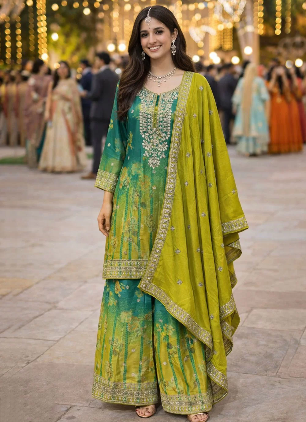 Green Chinon Embroidered Work Palazzo Suit